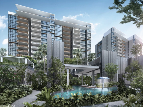 OLA condo exterior view. Modern residential building with swimming pool and lush greenery. Singapore property.
