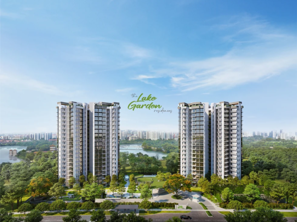 The LakeGarden Residences in Singapore, showcasing modern apartment buildings surrounded by lush greenery and a serene lake.