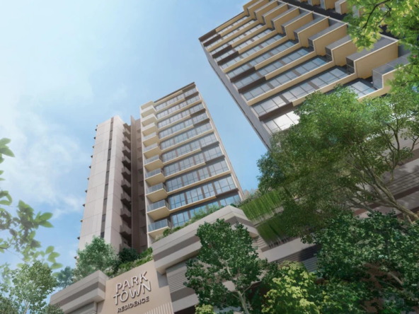 The residences at Parktown, showcasing modern architecture and lush greenery in a serene park setting.
